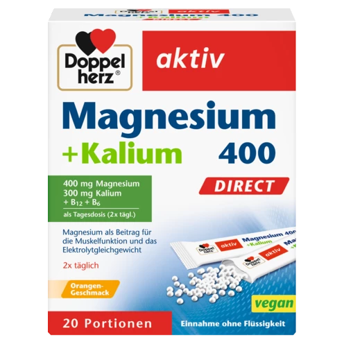 Abbildung der Produktverpackung Doppelherz aktiv Magnesium 400 + Kalium DIRECT Frontansicht